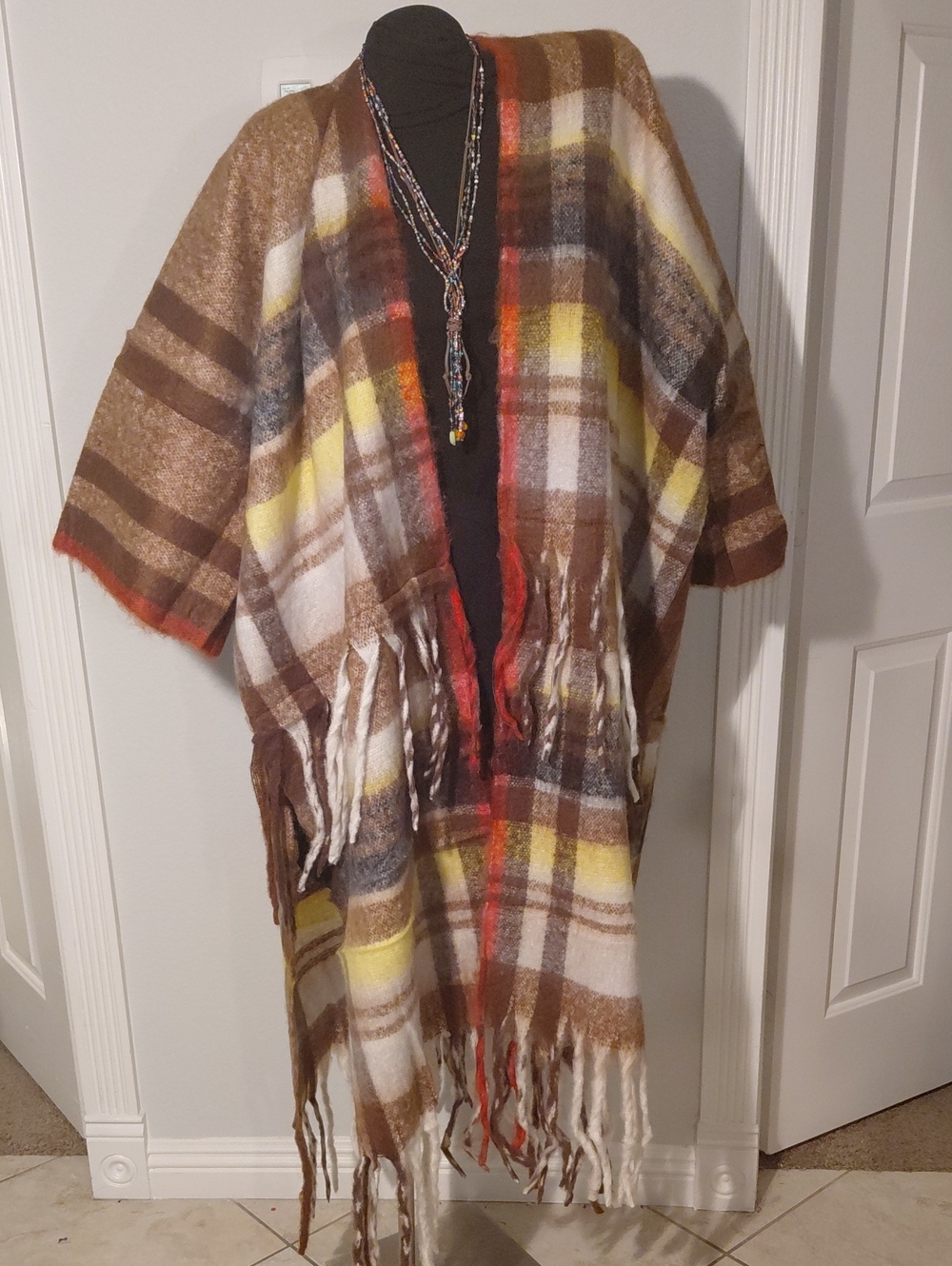 Plaid Fringe Poncho Coatigan in Brown, Yellow & Rust